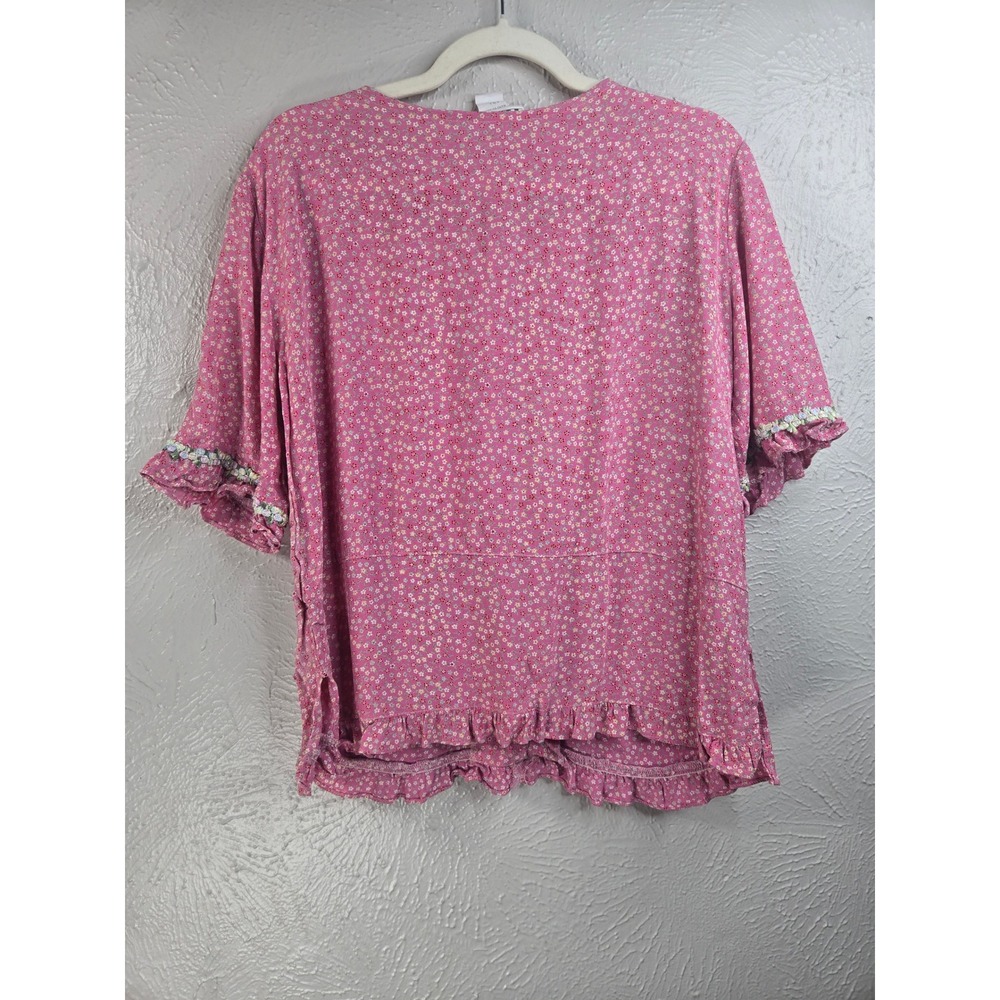 VTG Cottagecore Ditsy Floral Button Up Blouse Top L Pink Peterpan Collar Shirt - Picture 2 of 11
